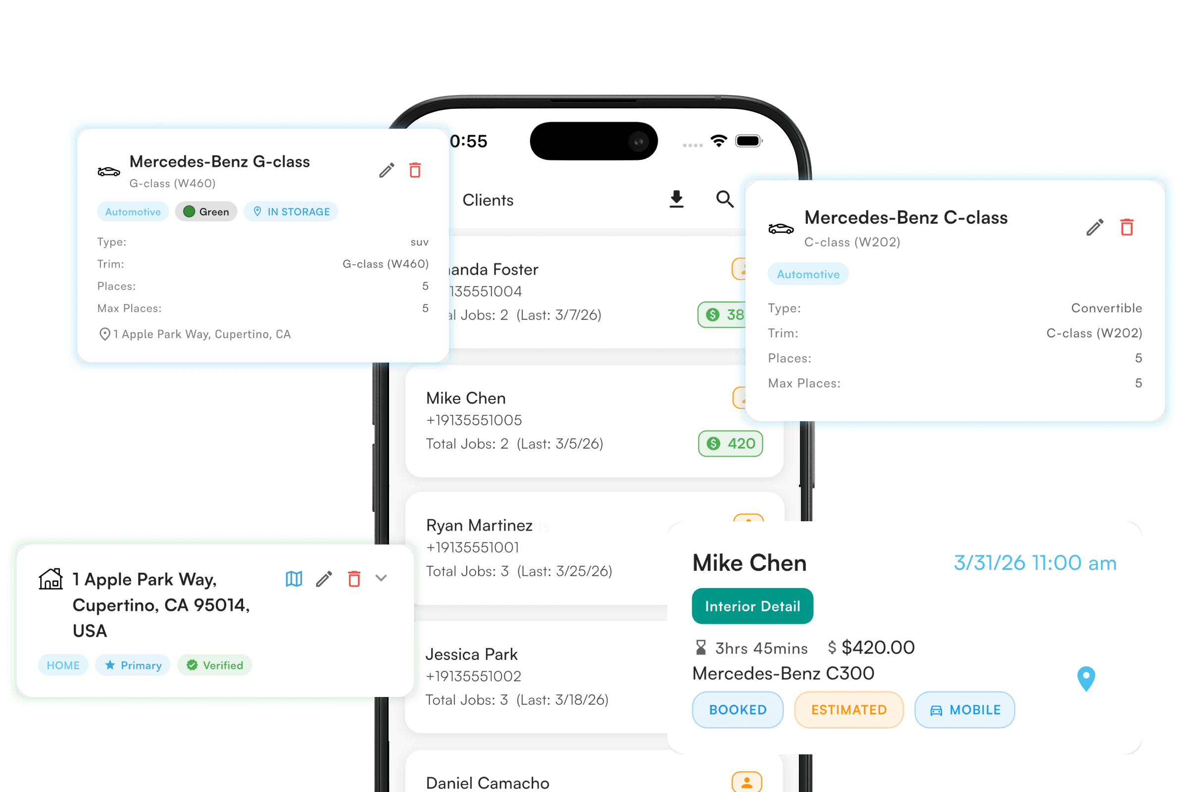 Clients list view, client vehicles list profile view, new vehicle form