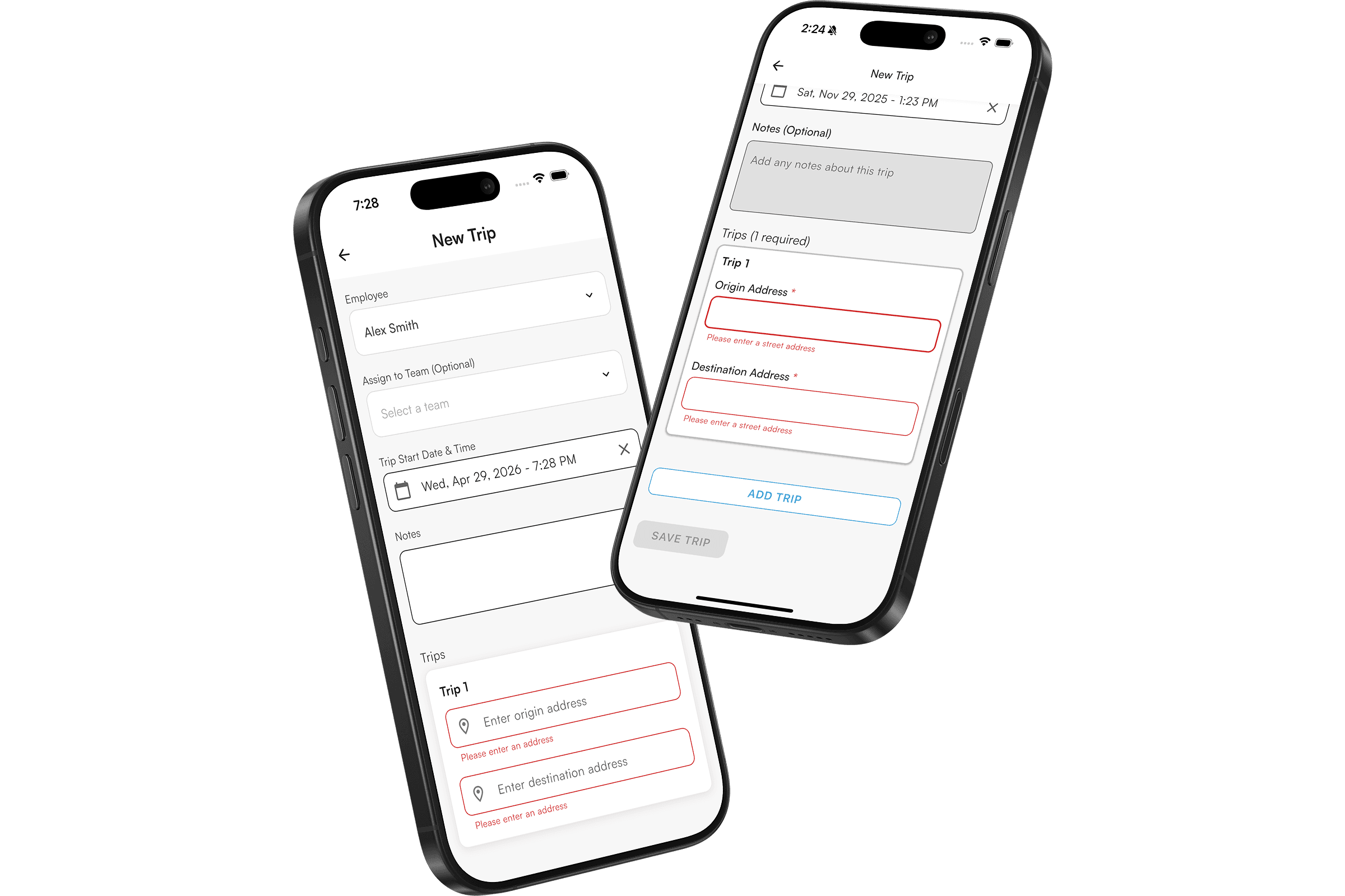 New trip form with chained stops